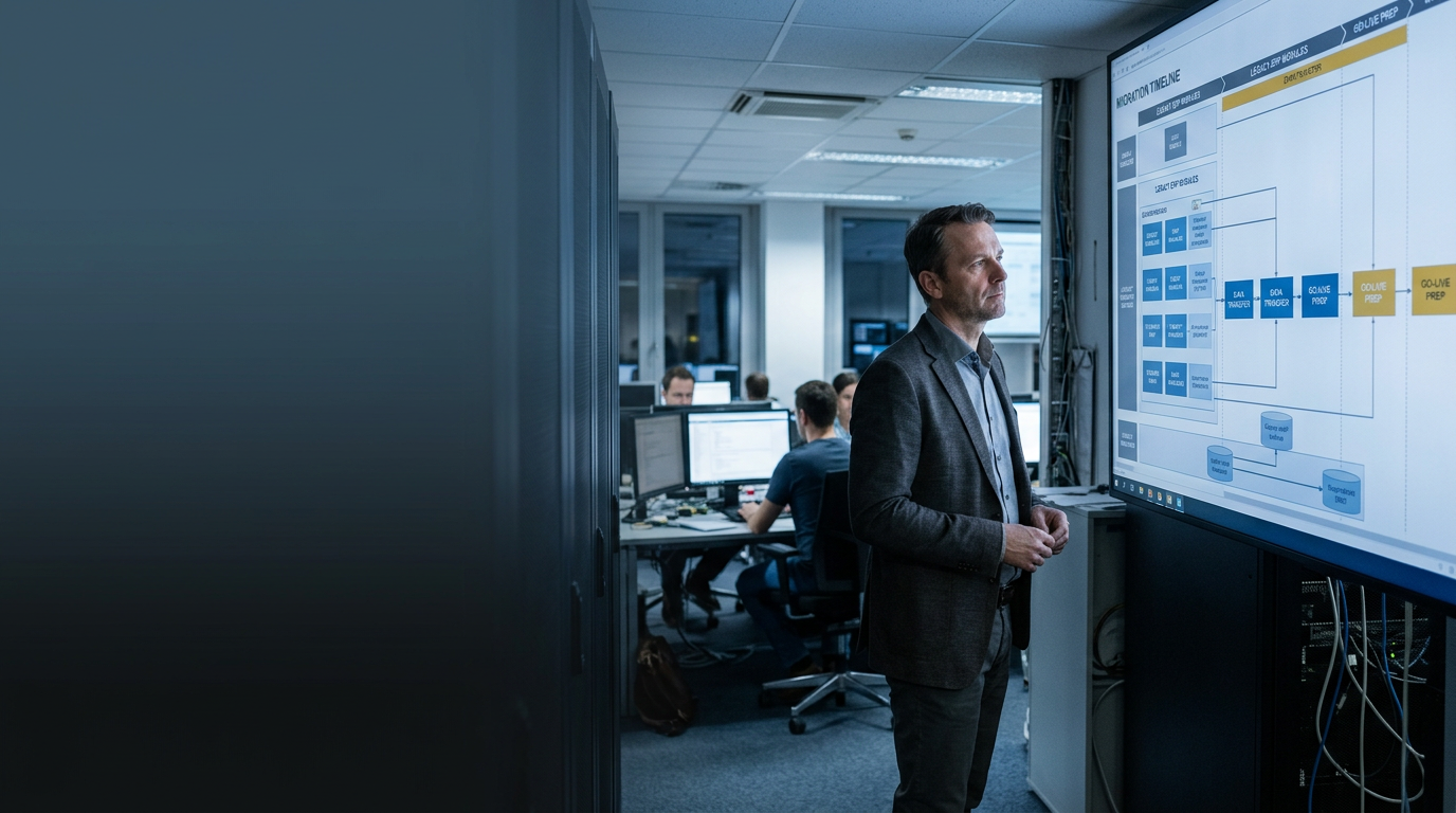 Projektleiter vor Migration-Timeline auf großem Display — ERP-Migrationsprojekt mit Team im Hintergrund