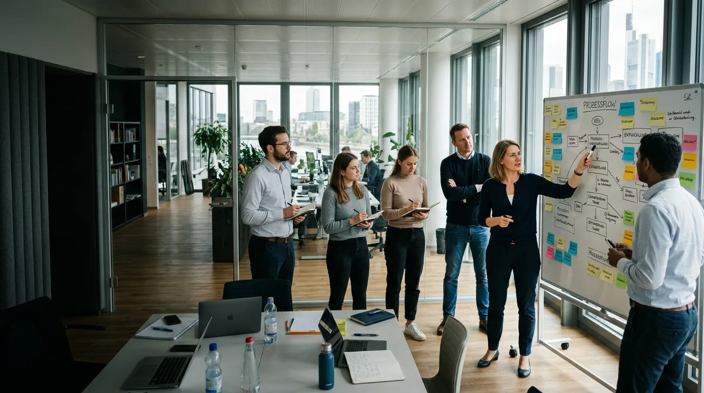 Projektteam analysiert Prozessflow an Whiteboard mit Post-its — Odoo-Implementierung mit Business Prozess Diagnose in Frankfurt