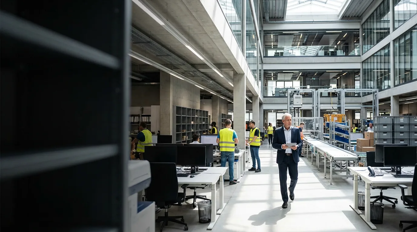 Modernes Fertigungs- und Logistikzentrum: Geschäftsführer mit Tablet geht durch eine digitalisierte Produktionshalle mit Mitarbeitern in Warnwesten