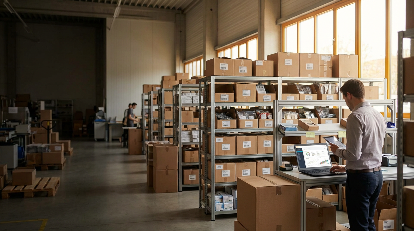 Lagerlogistik im Handel: Mitarbeiter mit Tablet und Laptop-Dashboard an Lagerregal mit beschrifteten Kartons — digitalisierte Bestandsverwaltung im Retail-KMU