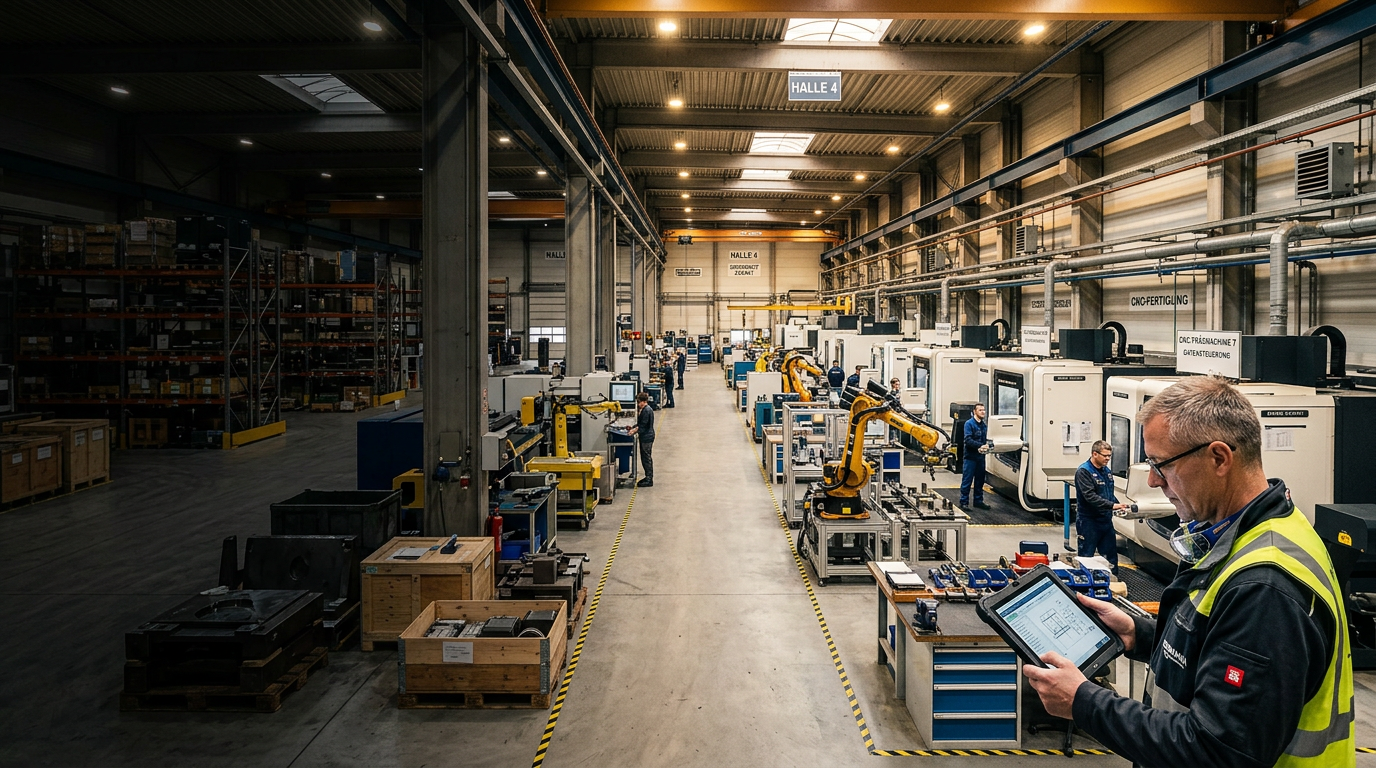 CNC-Fertigungshalle Halle 4 mit Industrierobotern, CNC-Maschinen und Werker mit Tablet — digitalisierte Produktion in einem mittelständischen Fertigungsunternehmen