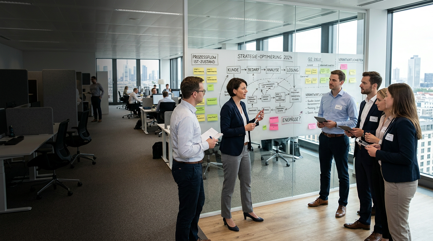 Workshop-Gruppe analysiert Prozessflow an Whiteboard mit Post-its — Business Process Diagnosis mit Projektteam in modernem Büro mit Stadtblick