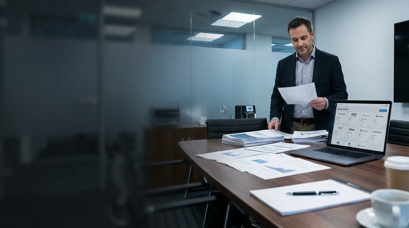 Geschäftsführer prüft Förderantrag und Finanzierungsunterlagen im Besprechungsraum — Digitalisierungsförderung für den Mittelstand