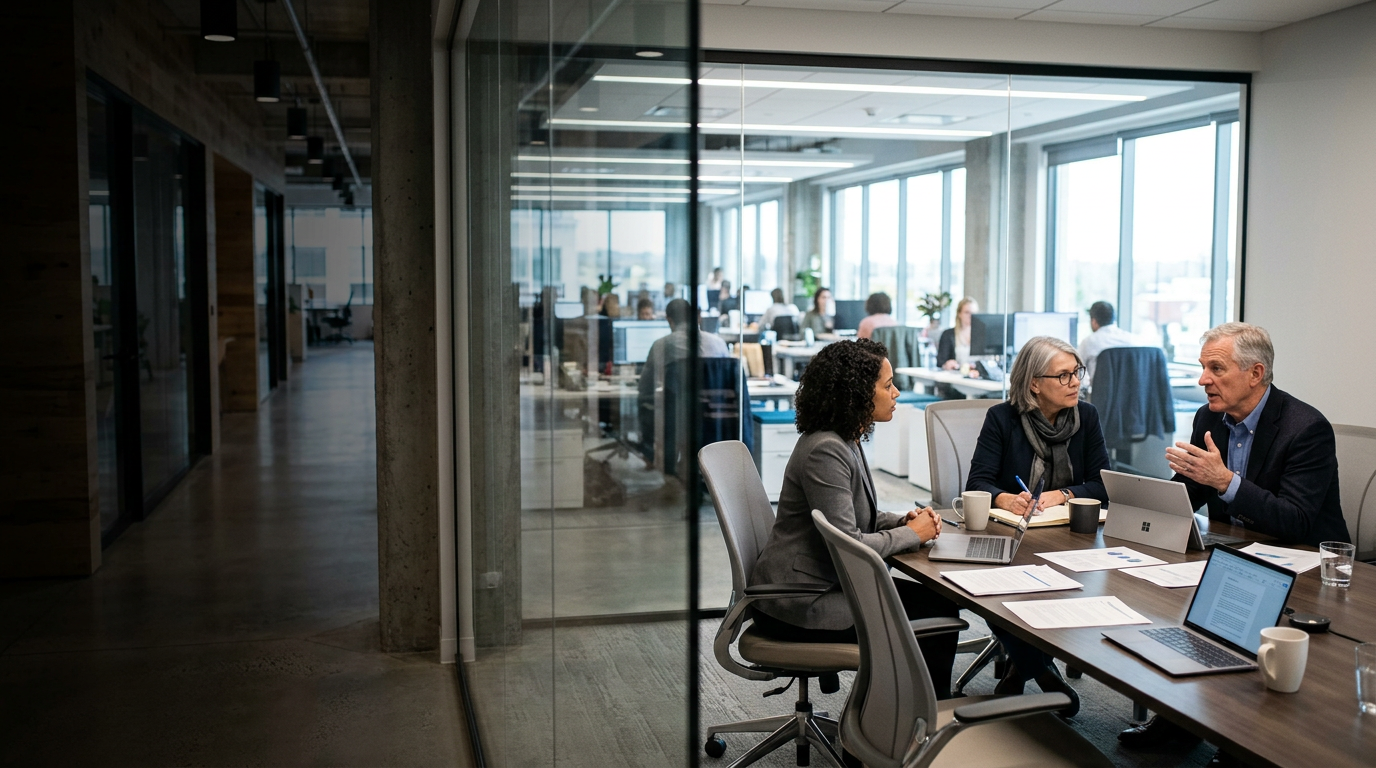 Drei Führungskräfte im Beratungsgespräch am Konferenztisch — Projektberatung und Leistungsgespräch in modernem Büro mit Großraum im Hintergrund
