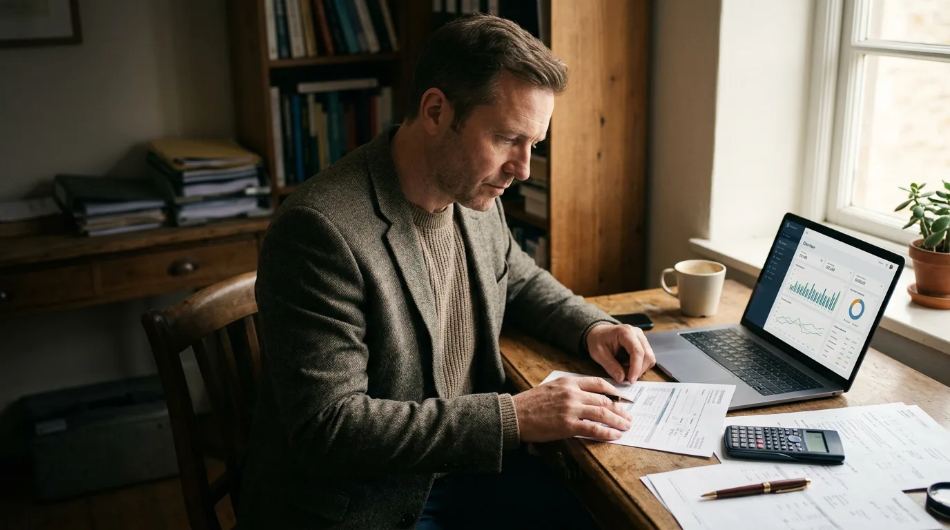 Mittelstands-Geschäftsführer analysiert ERP-Kennzahlen auf Laptop und Unterlagen — Entscheidungsgrundlage für Digitalisierungsprojekte